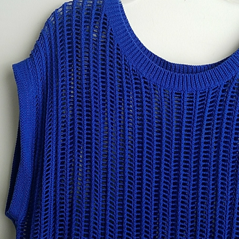 Royal blue sleeveless open knit sweater